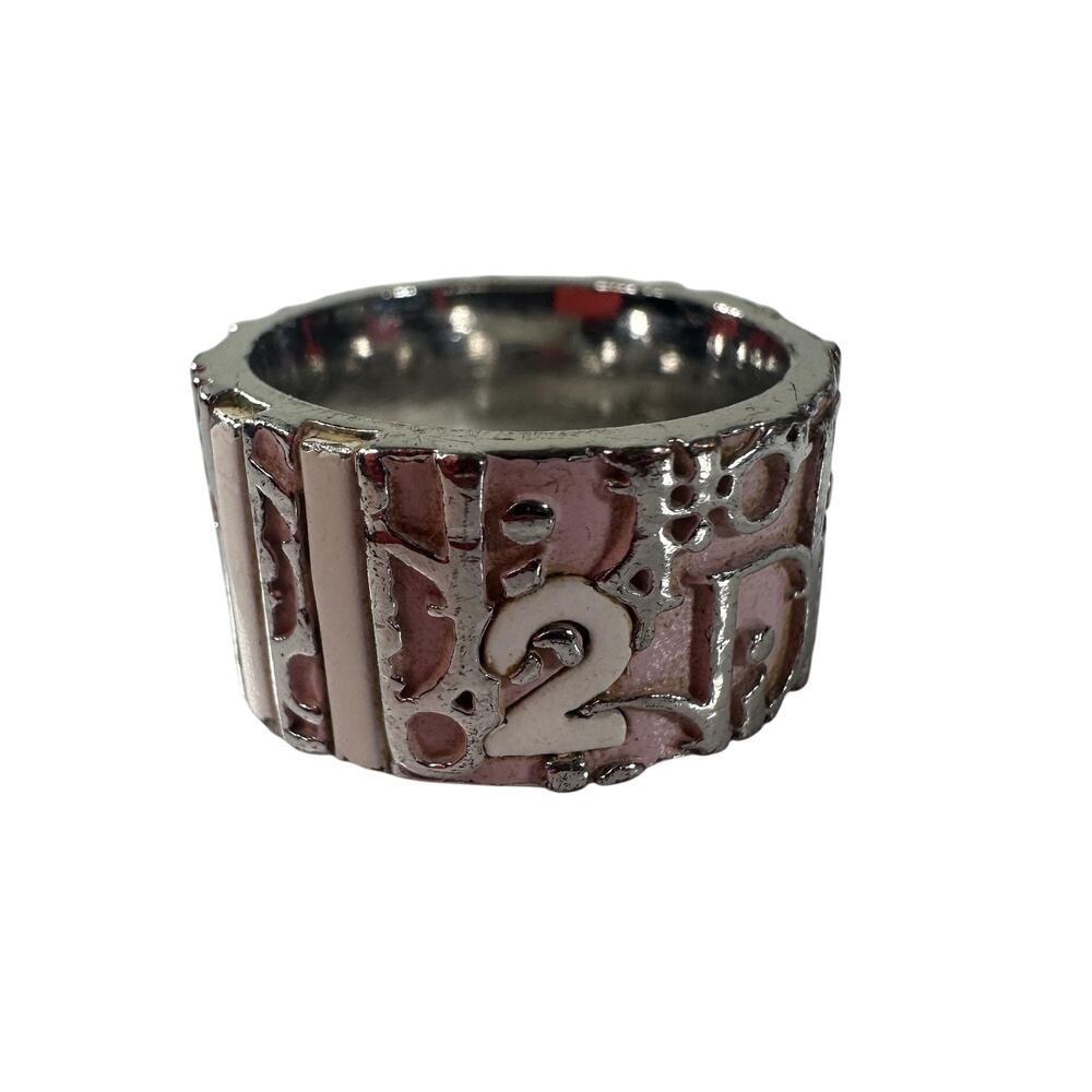 Christian Dior Vintage Pink Enamel Wide Band Ring Size 5 Silver Tone Number 2